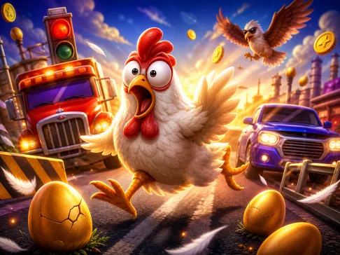 Illustration of a chicken crossing a busy road in a lively slot game theme with vibrant colors and animated symbols.