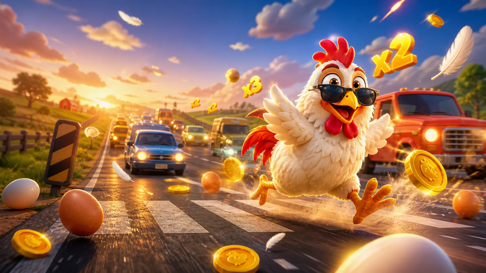 Dynamic 3D chicken crossing road with traffic, eggs, and coins, embodying Chicken Road game's playful theme.