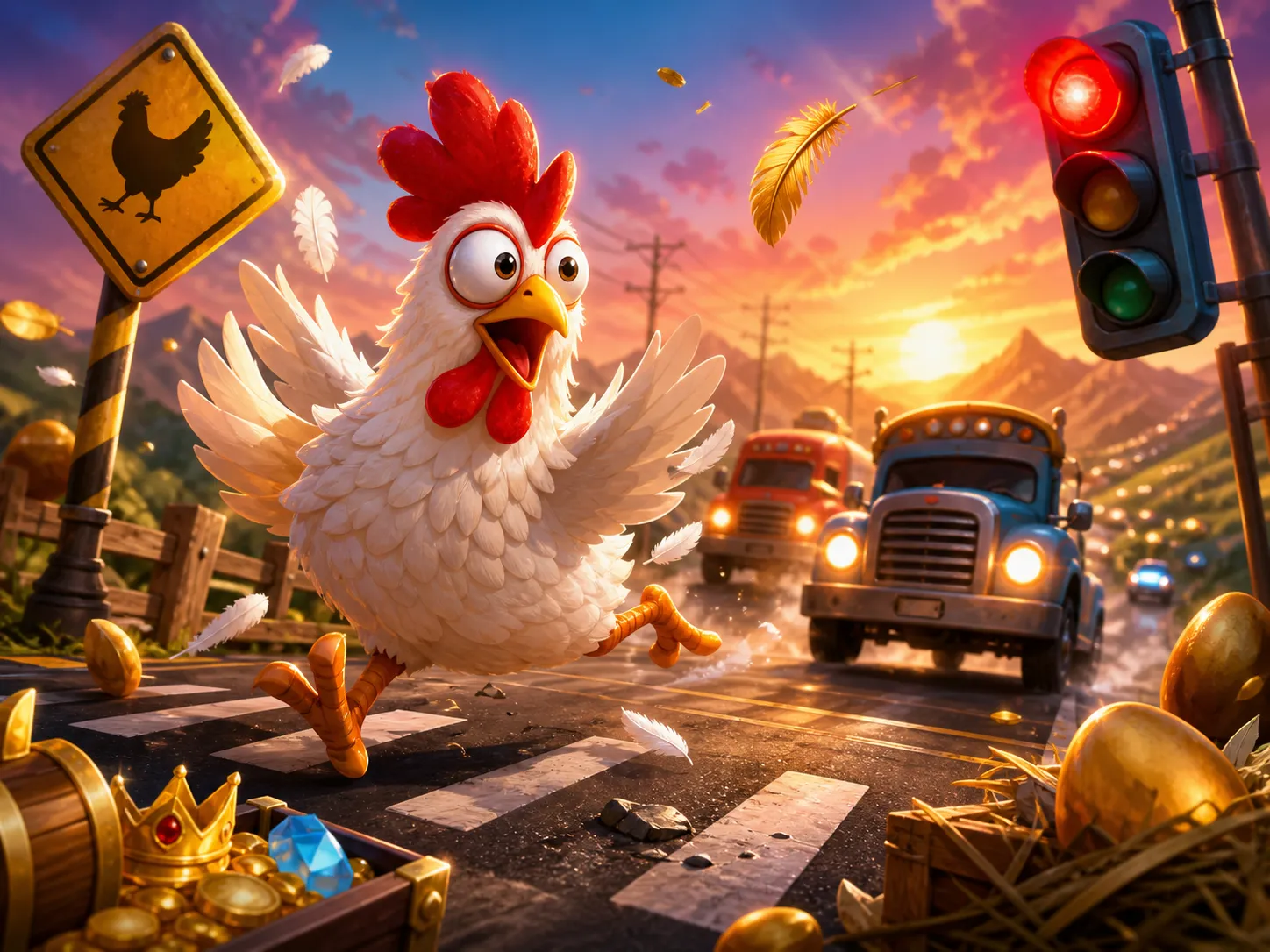 Illustration of a cartoon chicken crossing a busy road surrounded by playful symbols like feathers and eggs, conveying the Ch