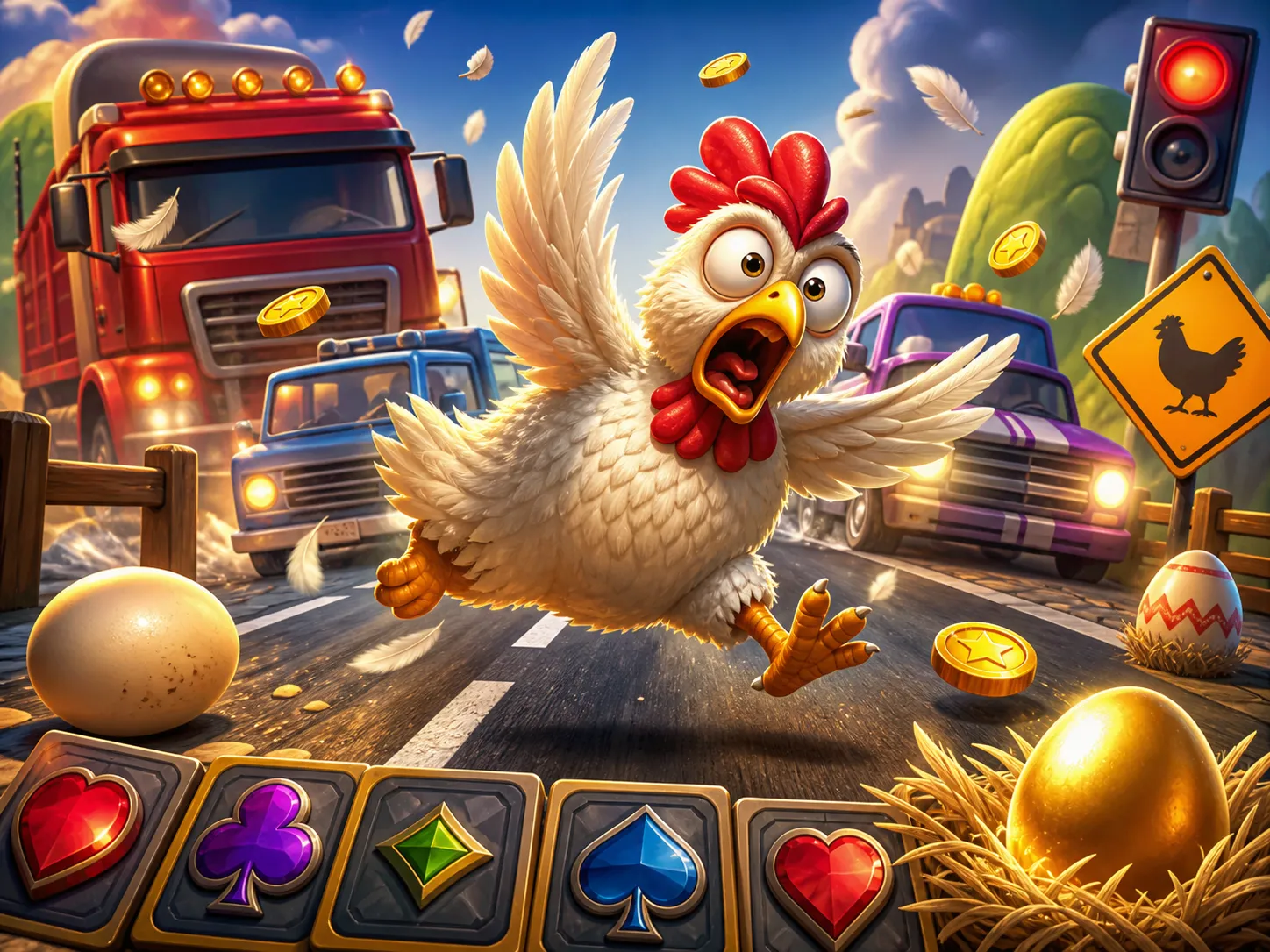 Funny chicken crossing a chaotic road in a vibrant gaming scene with traffic, feathers, and playful energy.